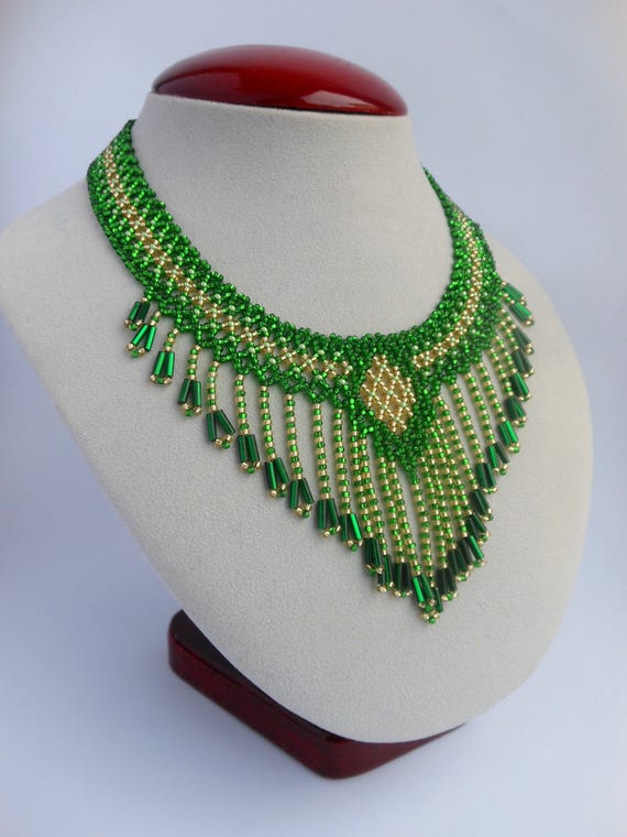 Fringe Necklace Green Necklace Bib Necklace Vintage Necklace