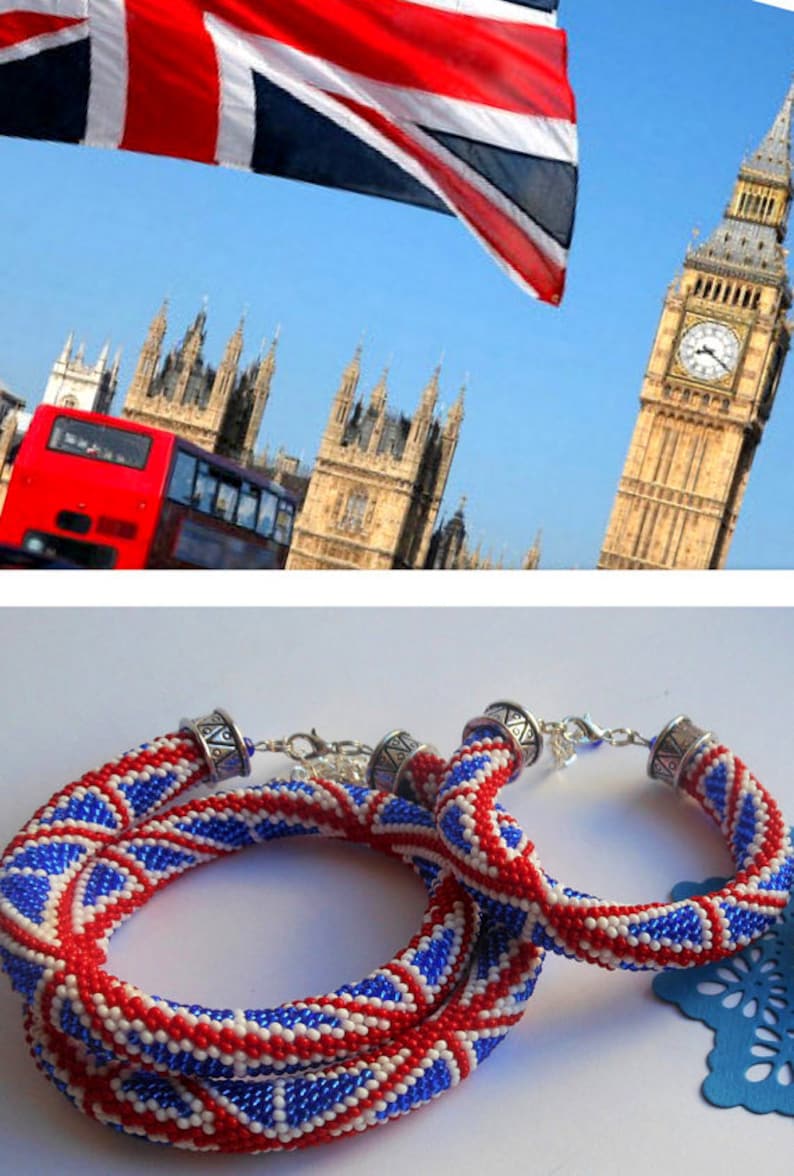 British flag necklace Beaded Crochet necklace British Bead Crochet british flag Great Britain patriotic necklace Gift for British uk flag