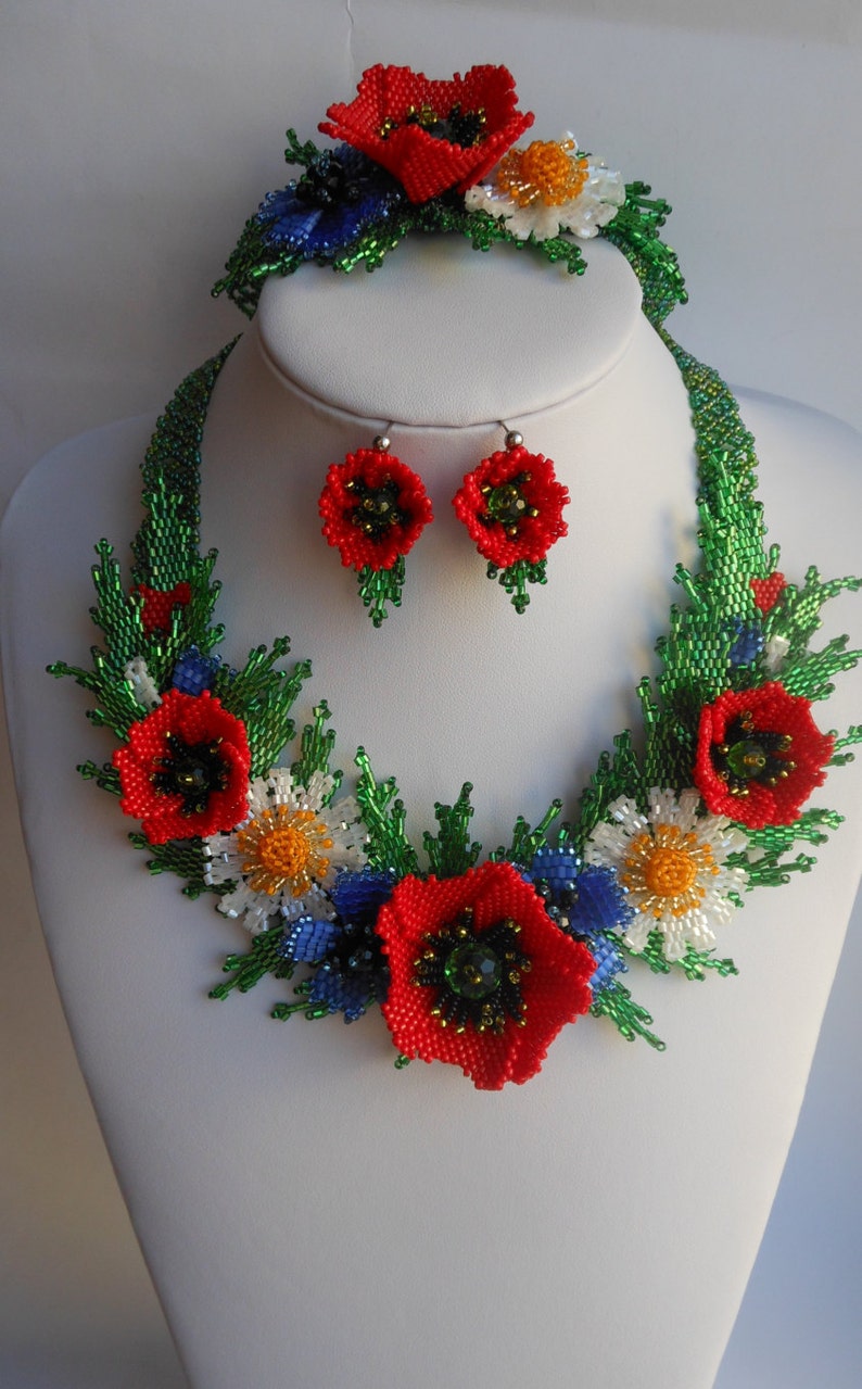 Beaded Necklace Red Flowers Real Flower Necklace Beaded Flower Etsy
