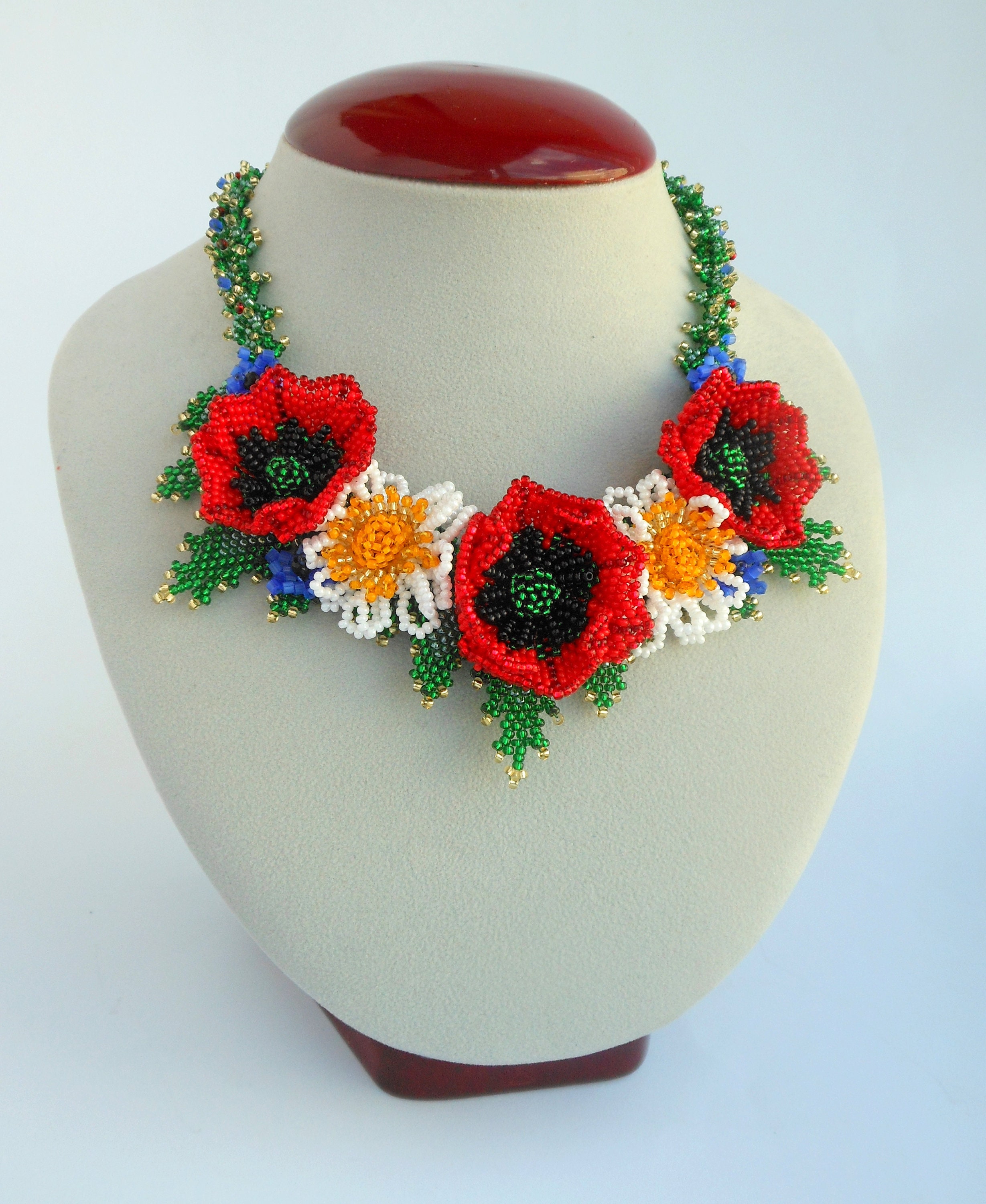 Bright Flower Necklace Summer Necklace Red Flowers Necklace Etsy