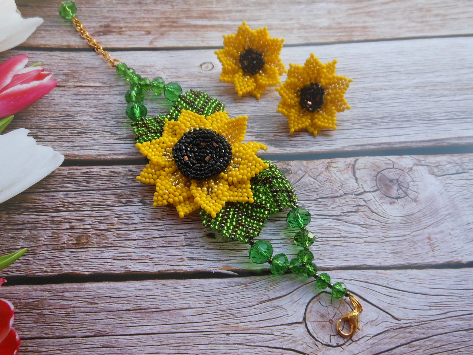 Sunflower necklace Beaded necklace Flower necklace Jewelry set Etsy