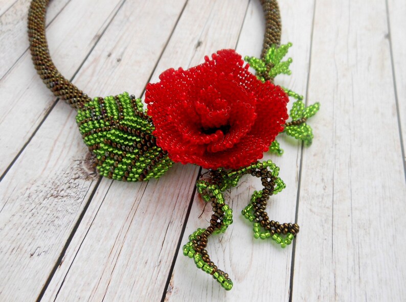 Necklace with rose Jewelry flower Bead necklace Red Rose Etsy