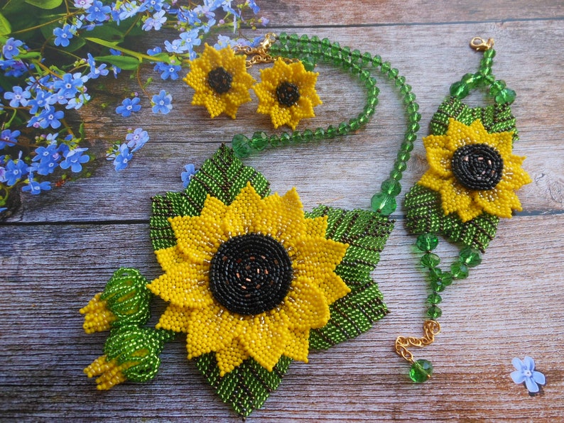 Sunflower necklace Beaded necklace Flower necklace Jewelry set Etsy