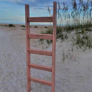 May include: A pink wooden ladder standing on a sandy beach with tall grass in the background.