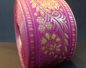 Ribbon Sari border 1 meter Rose cotton gold embroideries 58 mm India decoration sewing