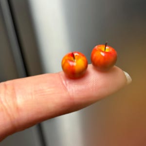 May include: Two small red and yellow apples on a finger.