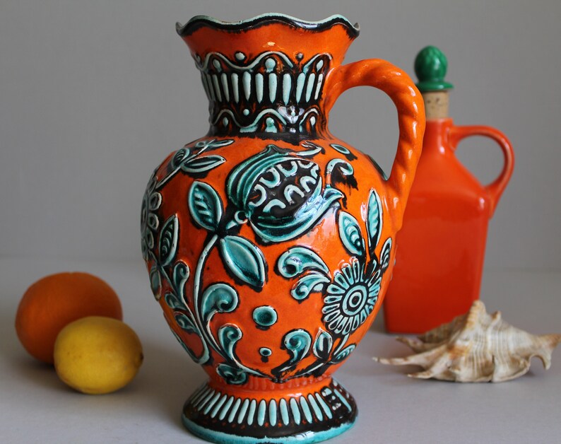 BAY KERAMIK Orange Vase 6325 mit Relief Blumendekor Vintage Etsy