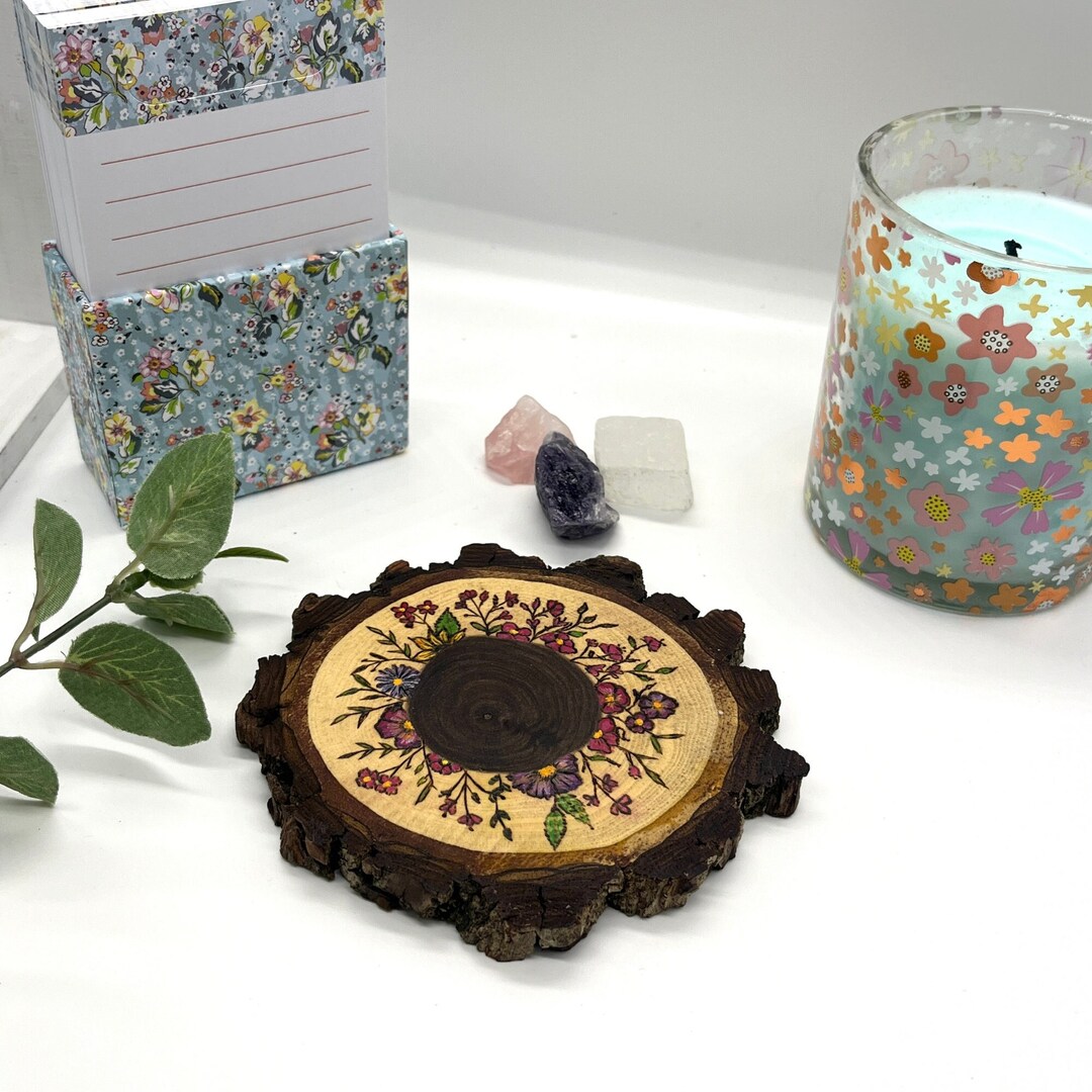 HANDMADE Wildflowers on Walnut Wood Slice. Wildflower Art. Pyrography ...