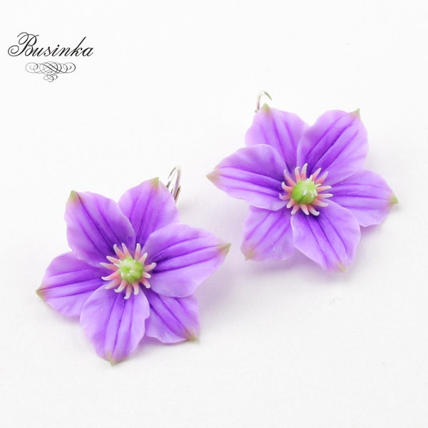 Purple Clematis flower Earrings on the basis of the sterling silver Сlematis earrings Purpe flower earrings Clematis dangle earrings Jewelry