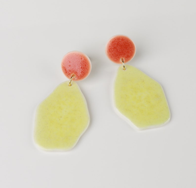 Red porcelain earrings Yellow stud Ceramic dangle porcelain jewelry Yellow earrings Abstract jewelry yellow Oval unique gift long earrings