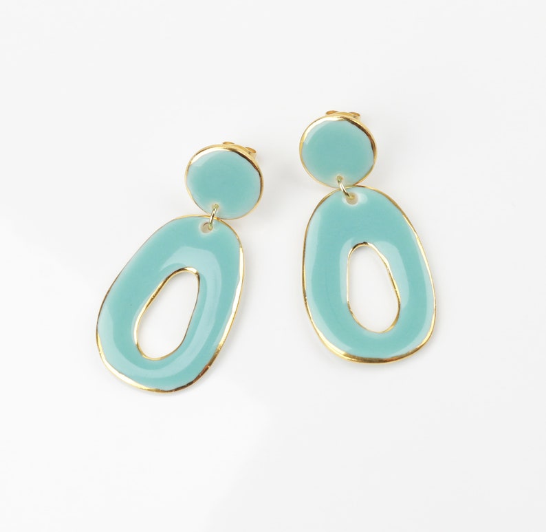 Baby blue porcelain earrings Ceramic Oval turquoise earrings Gold circle studs Abstract jewelry unique gift for Women Wedding Gold earrings