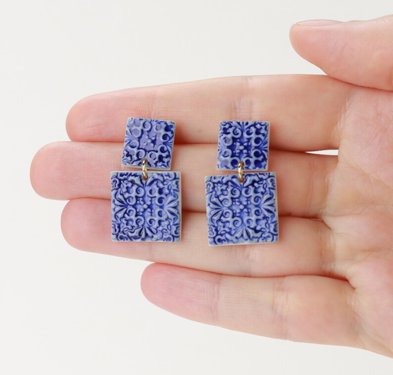 Portugal Tile Earrings Blue Tile Porcelain Earrings Squre Etsy