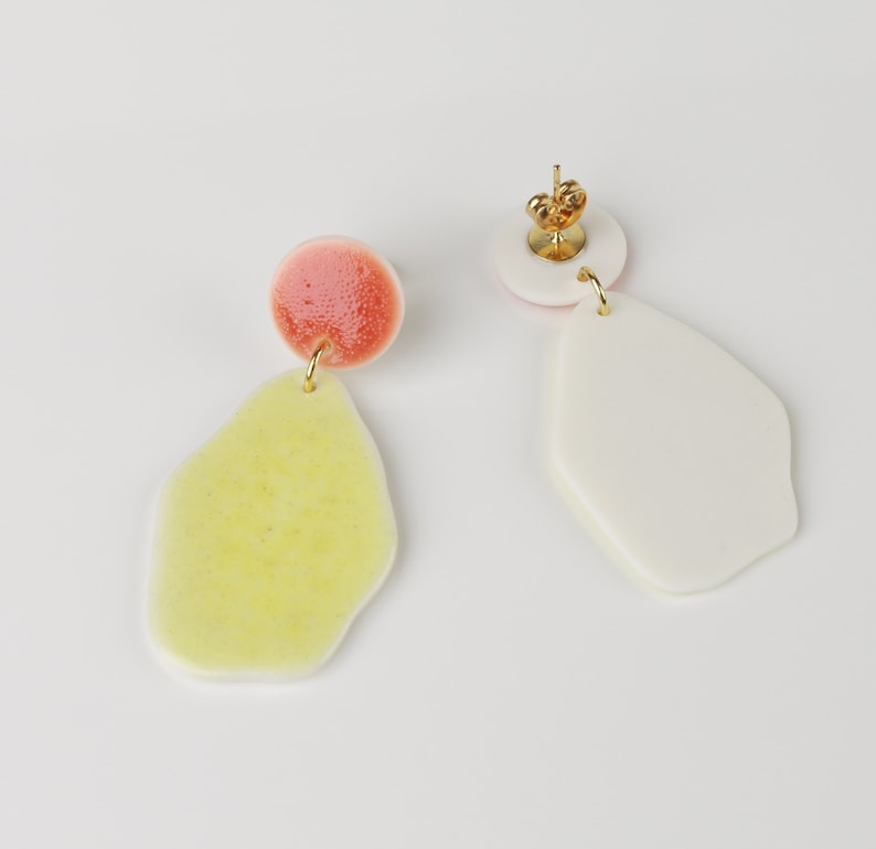 Red porcelain earrings Yellow stud Ceramic dangle porcelain jewelry Yellow earrings Abstract jewelry yellow Oval unique gift long earrings