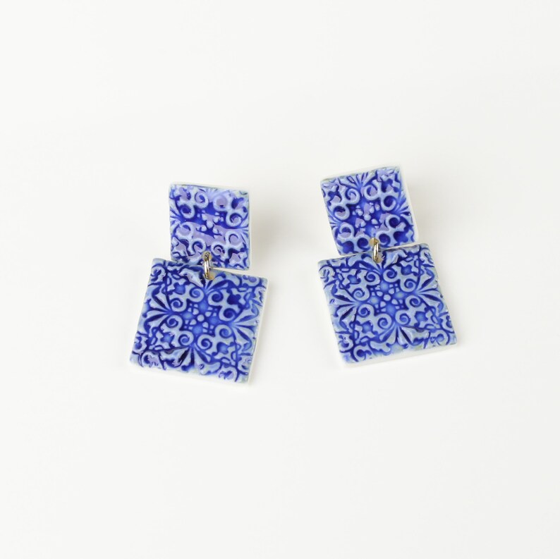 Portugal Tile Earrings Blue Tile Porcelain Earrings Squre Etsy