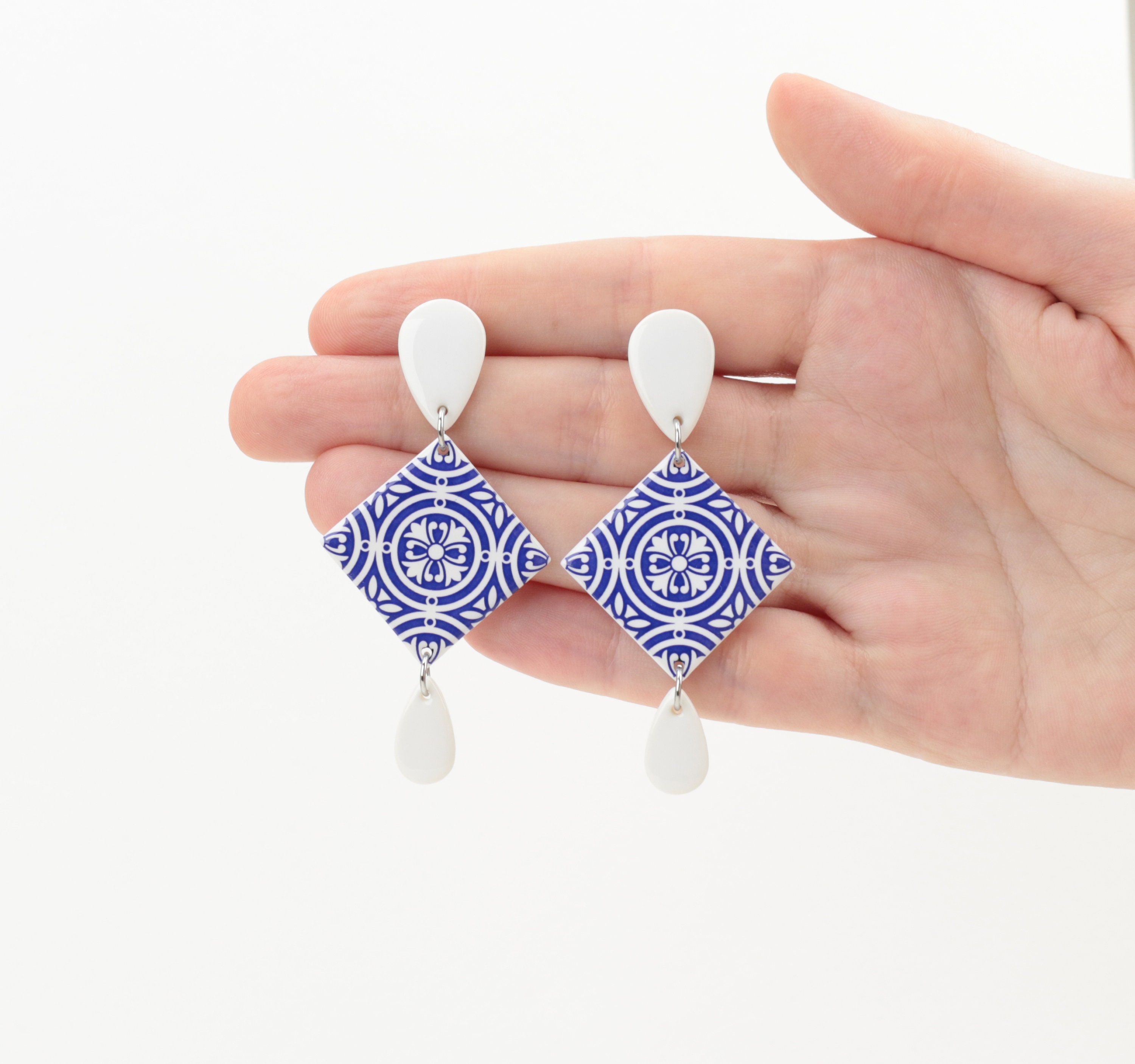 Porcelain tiles earrings Handmade ceramic tile Square stud Etsy