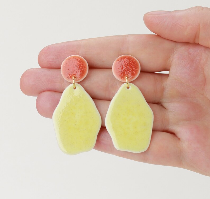 Red porcelain earrings Yellow stud Ceramic dangle porcelain jewelry Yellow earrings Abstract jewelry yellow Oval unique gift long earrings
