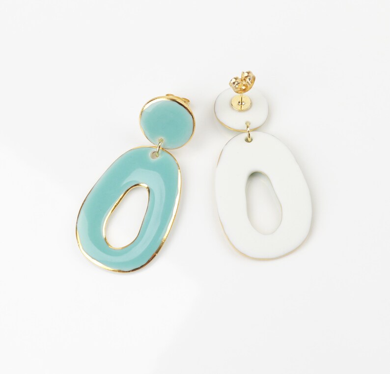 Baby blue porcelain earrings Ceramic Oval turquoise earrings Gold circle studs Abstract jewelry unique gift for Women Wedding Gold earrings