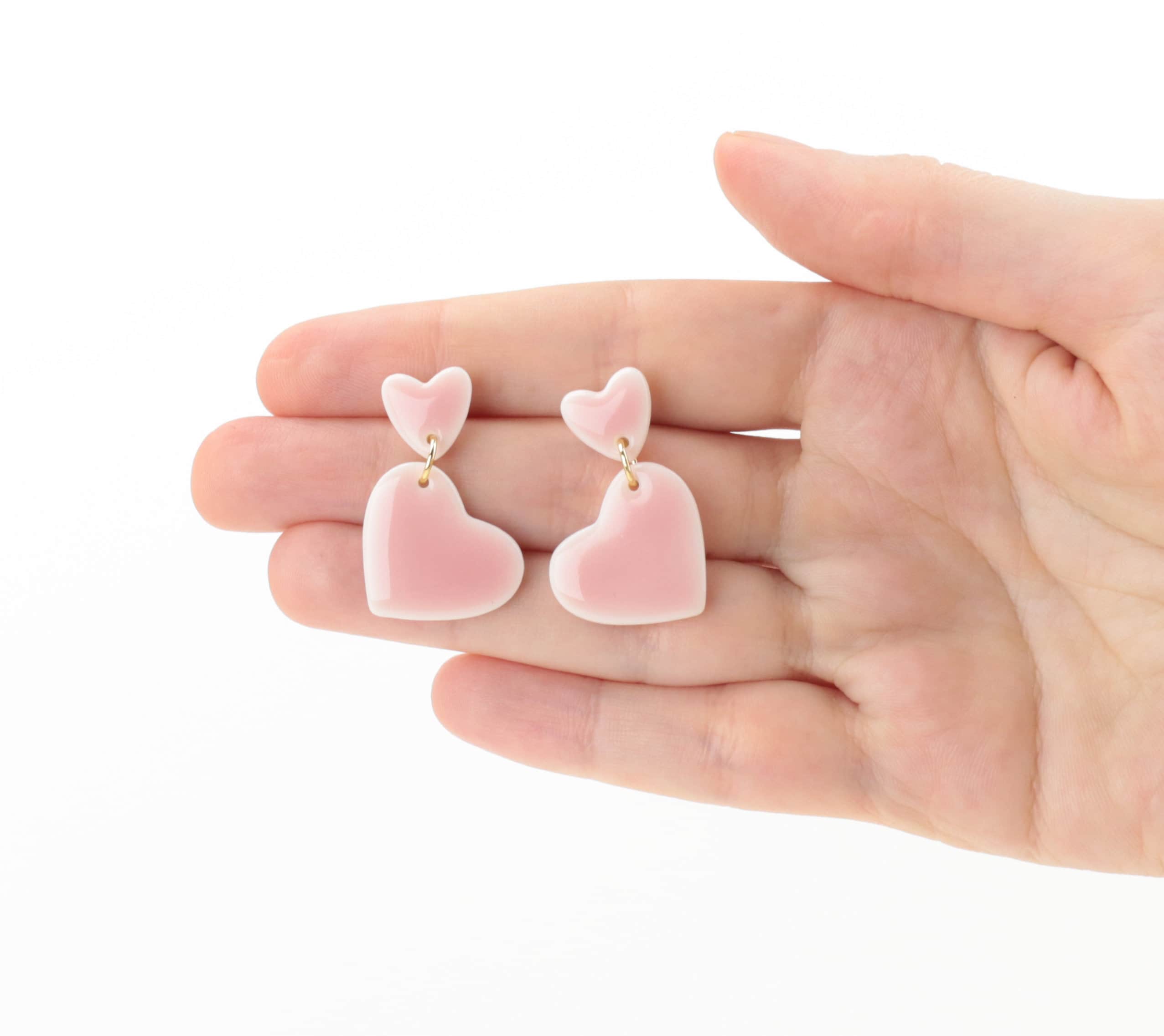 Pink heart porcelain earrings Hand painted ceramic Blush pink Etsy