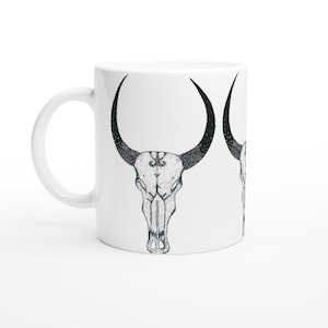 Spirit Bull. Original dot art by @Mihaelartist. White 11oz Ceramic Mug