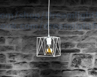 White Caged Pendant lighting Dining room Cage Pendant Light Minimalist hanging light Kitchen island Chandelier lighting Lantern Chandelier