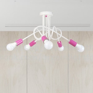 May include: White ceiling light fixture with a pink and white design. The light fixture has five bulbs and a modern, abstract design.