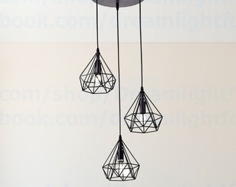Tres jaulas de diamantes, iluminación de araña de cocina negra, iluminación colgante, lámpara colgante para iluminación de isla de cocina, accesorio de techo
