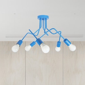 Five head semi flush fixture Blue Five arms Ceiling light fixture 5-light bare bulb chandelier Semi flush mount Playroom light fixture