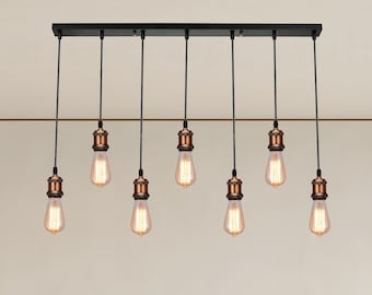 7 suspensions en cuivre Lustre linéaire Luminaires d'îlot de cuisine Plafonniers linéaires Suspension d'îlot de cuisine Plafonnier Cascade