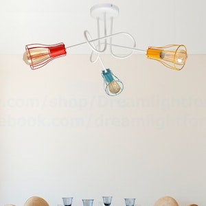 3 cage lights branching semi flush mount ceiling Light fixture Red Yellow Blue kid’s lighting Nursery lighting Playroom light fixture