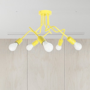 May include: A yellow metal ceiling light fixture with six light bulbs. The light fixture has a modern design with curved arms.
