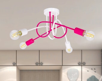 White Pink girls room chandelier Semi flush mount ceiling light Kids ceiling light fixture Pink pendant light Girl bedroom chandelier