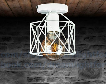 White cage shade Flush fixture Ceiling Chandelier Ceiling light flush fixture Metal Industrial light fixture flush mount Kitchen lighting