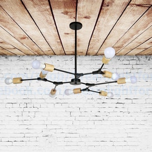 May include: A black metal chandelier with wooden accents and multiple light bulbs. The chandelier is hanging from a wooden ceiling.