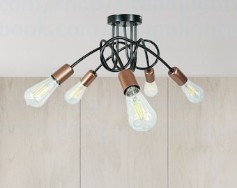 Black-Copper Semi flush mount Ceiling light fixture flush mount Lighting fixtures flush mount Bare bulb flush mount curved arm ceiling light