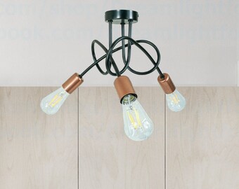 Black-Copper triple Semi flush mount Ceiling light fixture flush mount Lighting fixtures flush mount exposed bulbs flush mount chandelie