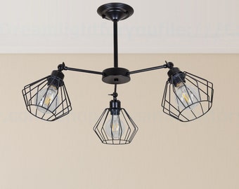 Rejilla de metal Pantalla de lámpara Araña de 3 luces Araña de jaula de alambre negro Pantalla de lámpara de celosía Lámpara de araña de montaje semiempotrado luz de jaula de diamante