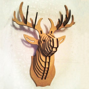 Cabeza de ciervo grande Cabeza de animal de cartón Rompecabezas 3D Cabeza de animal Cabeza de ciervo de MDF Escultura de madera Decoración de pared de ciervo de madera Trofeo de caza Cabeza de ciervo