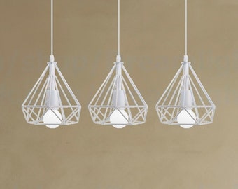 Isla de cocina iluminación de lámpara de araña de alambre blanco Tres jaulas de diamantes Iluminación colgante de lámpara de araña Luz colgante para iluminación de isla de cocina