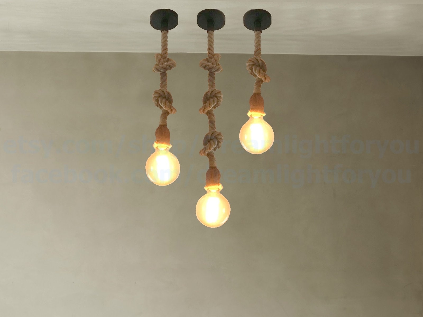 Vintage Rope Light Ceiling Pendant Chandelier Industrial Lamp 3 Heads Fixture US 