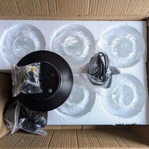 May include: A black metal base with a white foam packaging insert. The insert has six circular cutouts, each containing a clear glass globe. The base is surrounded by a clear plastic bag containing hardware.