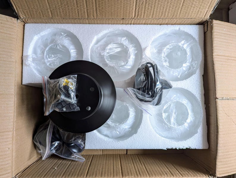 May include: A black metal base with a white foam packaging insert. The insert has six circular cutouts, each containing a clear glass globe. The base is surrounded by a clear plastic bag containing hardware.