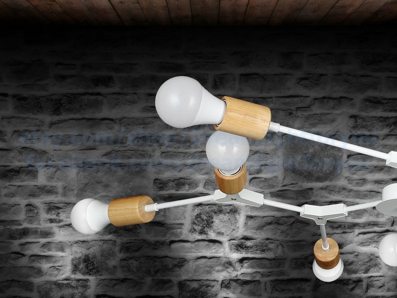 May include: A white ceiling light fixture with multiple arms and wooden accents. The light fixture has five white light bulbs.