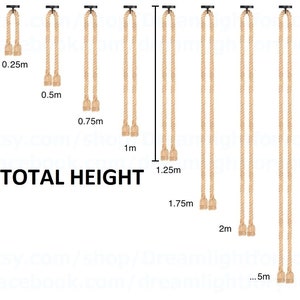 May include: Eight beige natural fibre ropes hanging from black circular ceiling mounts, arranged by length from 0.25m to 5m. Each rope features a looped design with two frayed ends. The text TOTAL HEIGHT is displayed below the rope lengths.