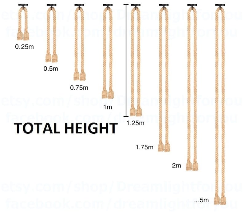 May include: Eight beige natural fibre ropes hanging from black circular ceiling mounts, arranged by length from 0.25m to 5m. Each rope features a looped design with two frayed ends. The text TOTAL HEIGHT is displayed below the rope lengths.