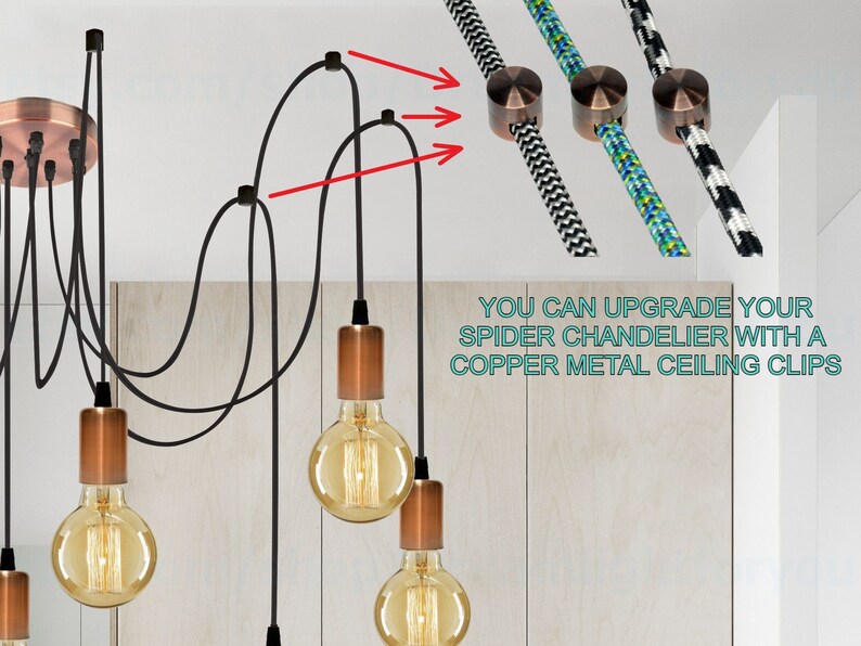 May include: A black spider chandelier with copper metal ceiling clips. The chandelier has six light bulbs and black cords. The text "YOU CAN UPGRADE YOUR SPIDER CHANDELIER WITH A COPPER METAL CEILING CLIPS" is visible in the image.