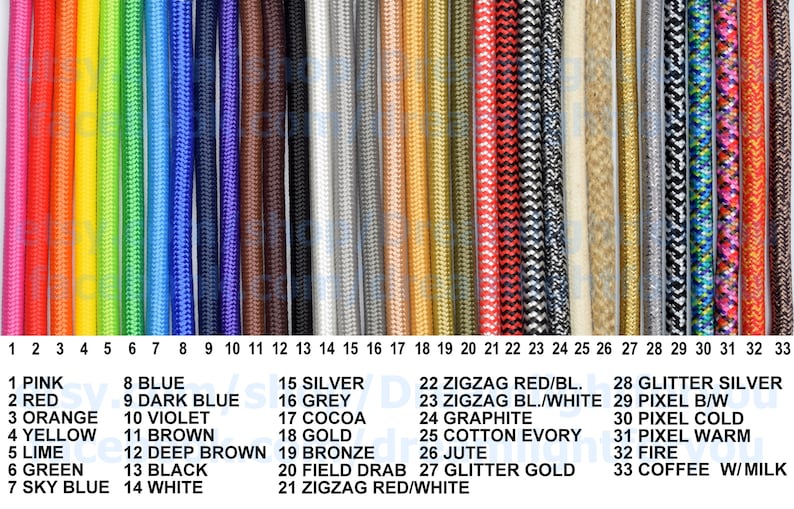 May include: A chart showing 33 different colors of electrical cord, with a number and name for each color. The colors include pink, red, orange, yellow, lime, green, sky blue, blue, dark blue, violet, brown, deep brown, black, white, silver, grey, cocoa, gold, bronze, field drab, zigzag red/black, zigzag black/white, graphite, cotton ivory, jute, glitter gold, glitter silver, pixel black and white, pixel cold, pixel warm, fire, and coffee with milk.