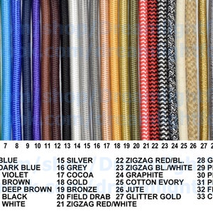 May include: A chart showing 33 different colors of electrical cord, with a number and name for each color. The colors include pink, red, orange, yellow, lime, green, sky blue, blue, dark blue, violet, brown, deep brown, black, white, silver, grey, cocoa, gold, bronze, field drab, zigzag red/black, zigzag black/white, graphite, cotton ivory, jute, glitter gold, glitter silver, pixel black and white, pixel cold, pixel warm, fire, and coffee with milk.