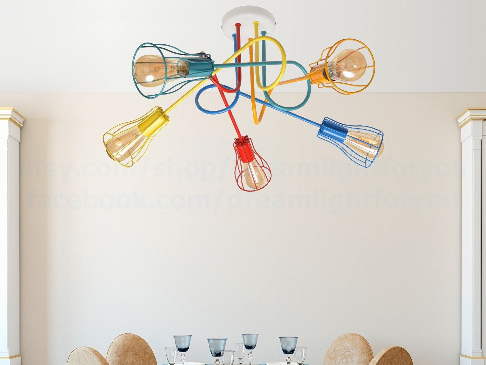 5 colored cage lights branching semi flush mount ceiling Light fixture kid chandelier lighting Multi-light ceiling lighting Nursery lighting