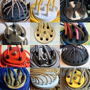 May include: A variety of ceiling light fixture canopy plates with different colors and finishes. The plates are shown with multiple cords attached to them. The cords are in various colors, including black, brown, red, yellow, blue, and gray.