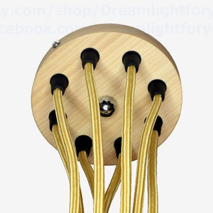 May include: A round wooden ceiling canopy with six holes for electrical cords. The cords are gold and have black end caps.